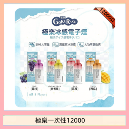 【8種口味】極楽 12000口一次性電子煙|超大容量 |口感絲滑|新品